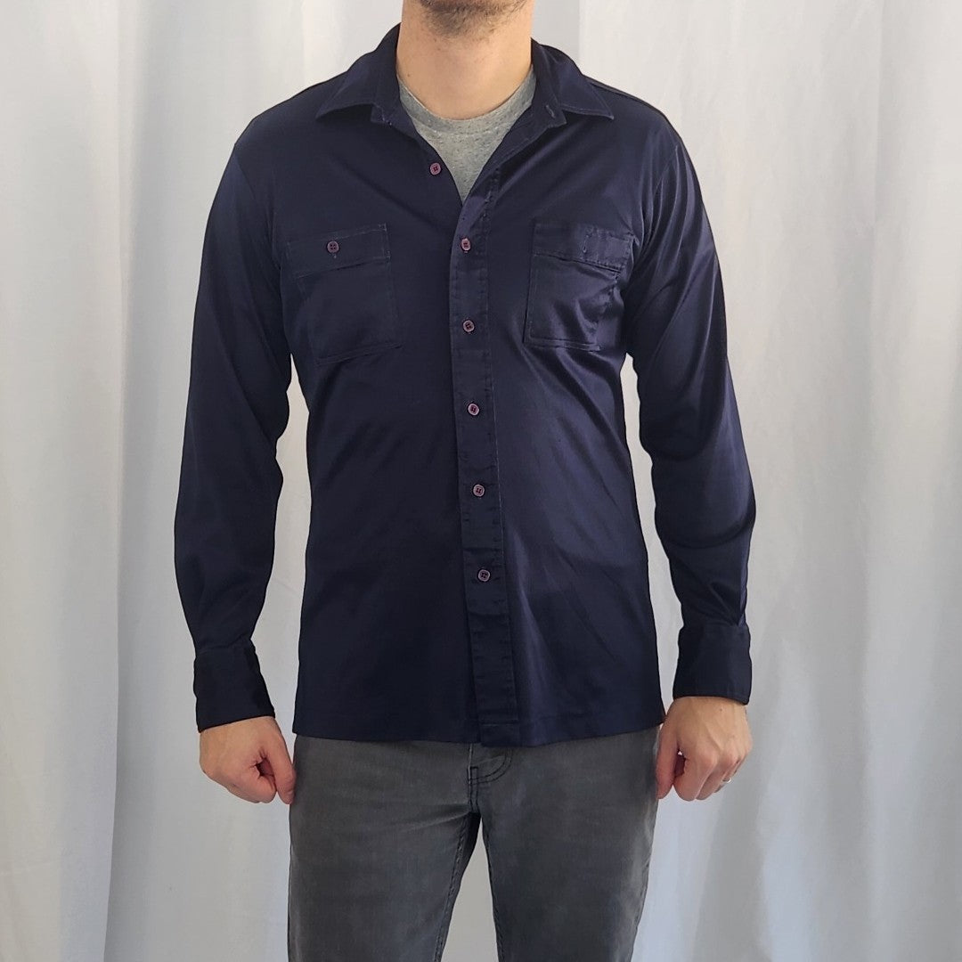70s Sears Navy Blue Satin Button Down Shirt