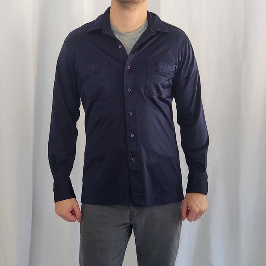 70s Sears Navy Blue Satin Button Down Shirt