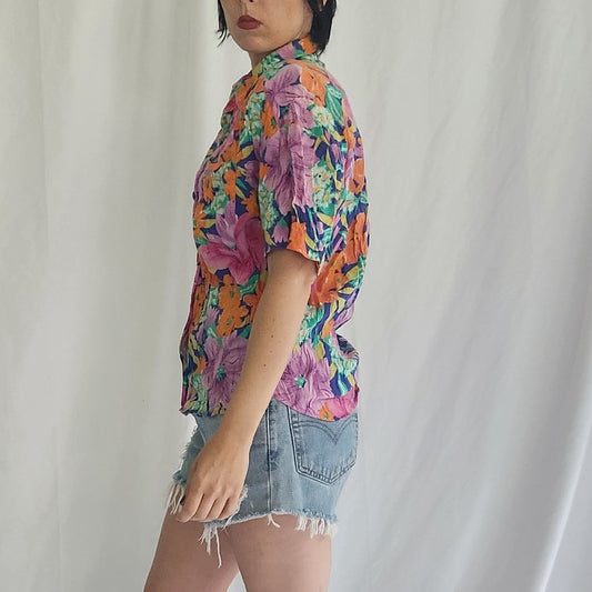90s Pink and Orange Tropical Floral Button Down