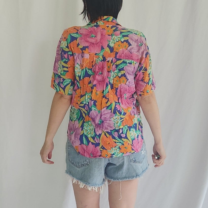 90s Pink and Orange Tropical Floral Button Down