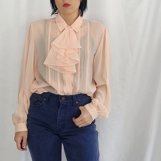80s Sheer Pink Button Down with Frilly Collar