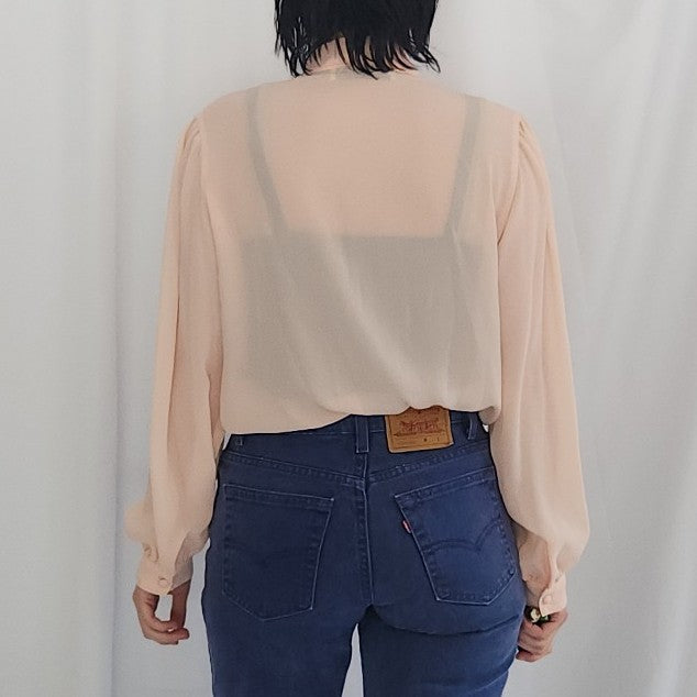 80s Sheer Pink Button Down with Frilly Collar
