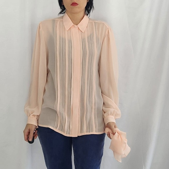 80s Sheer Pink Button Down with Frilly Collar