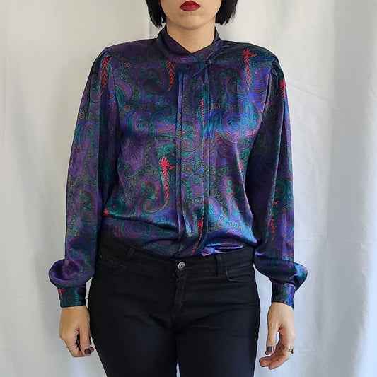 80s Purple, Teal, and Red Paisley Satin Blouse