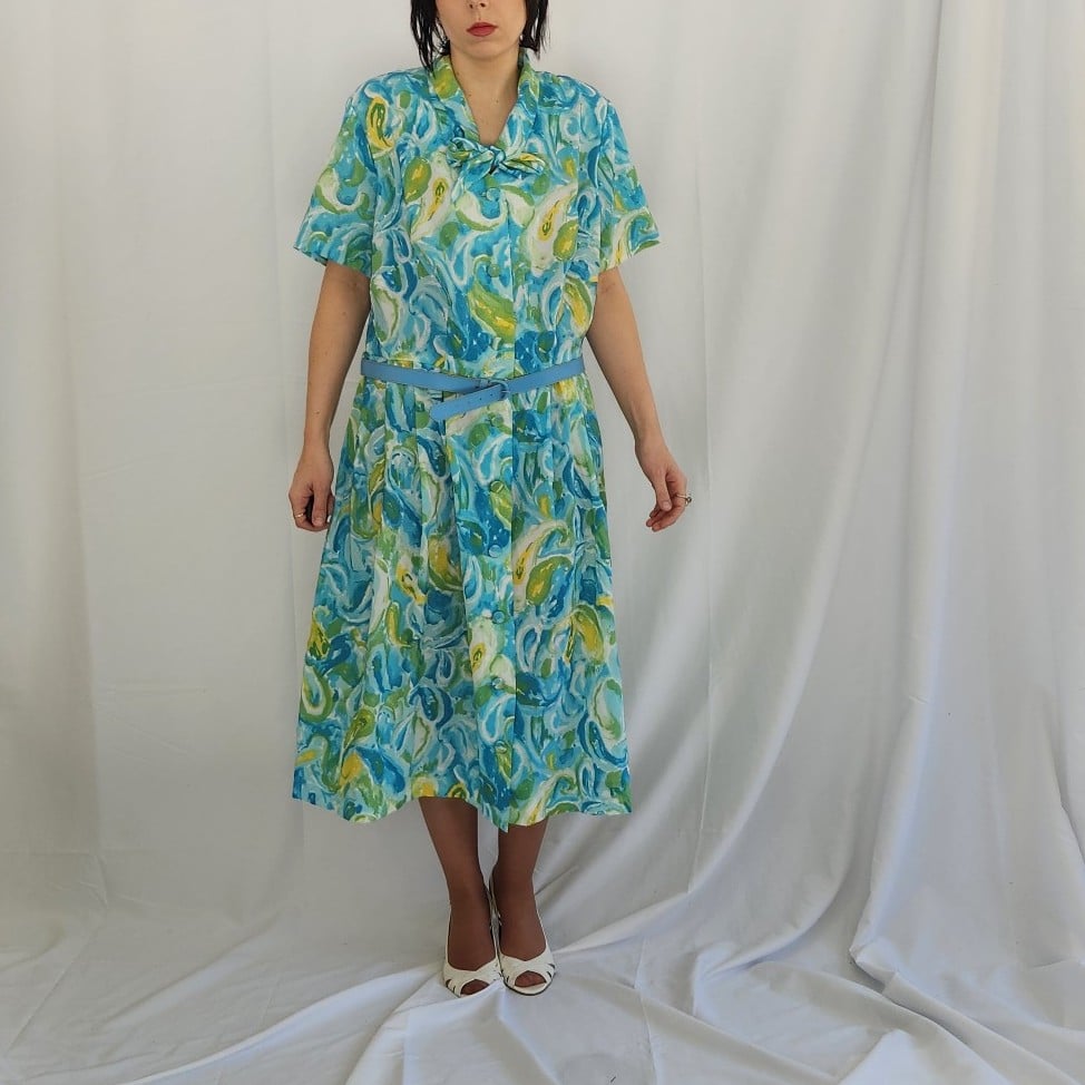 70s Deadstock Carol Brent Blue, Green, and Yellow Day Dress