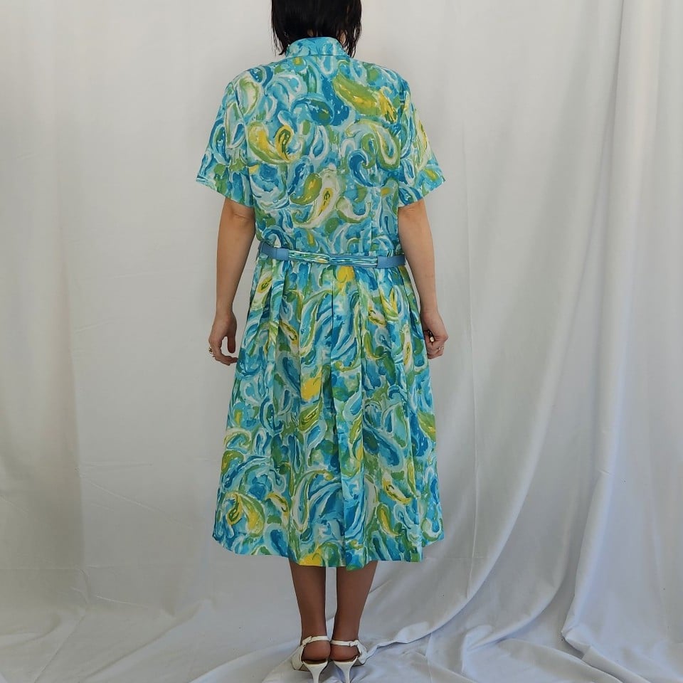 70s Deadstock Carol Brent Blue, Green, and Yellow Day Dress