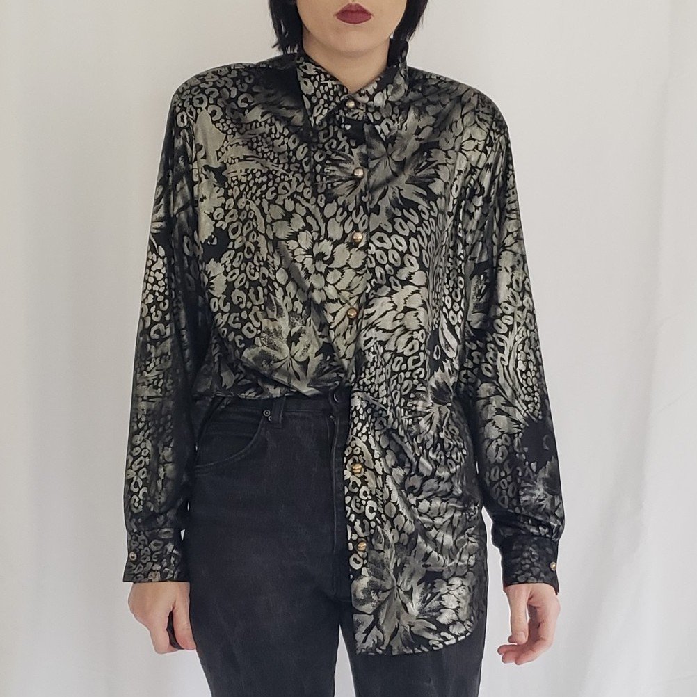 80s Black and Silver Floral Button Down