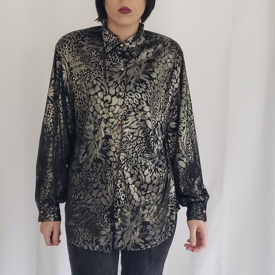 80s Black and Silver Floral Button Down