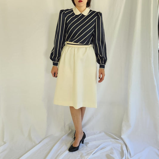 80s Blue and Cream Long Sleeve Dress