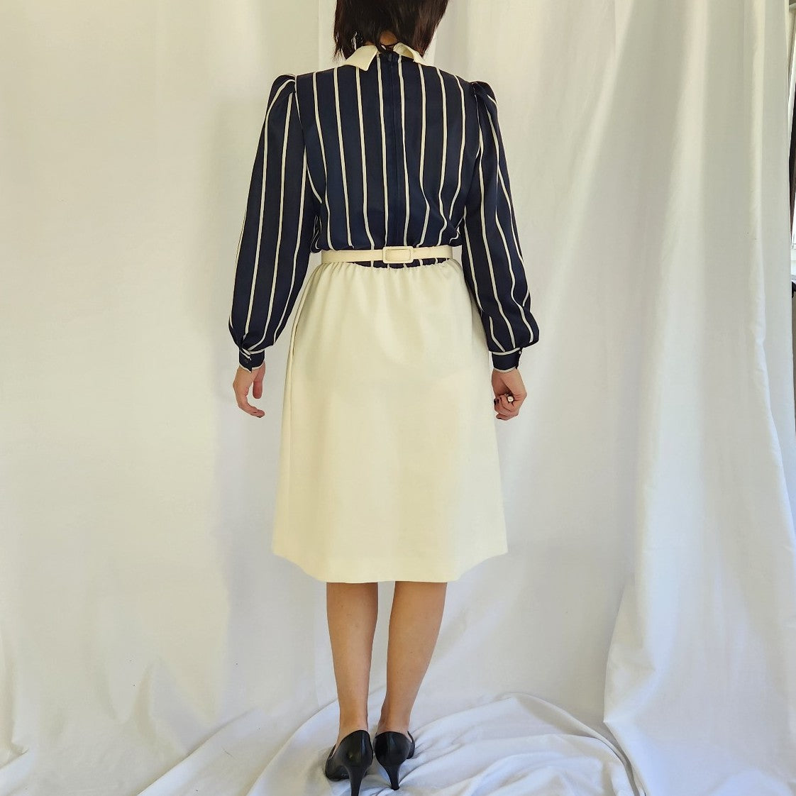 80s Blue and Cream Long Sleeve Dress