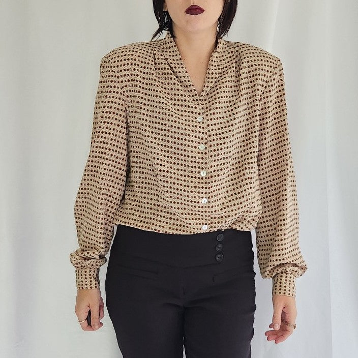 90s Tan and Red Geometric Print Blouse