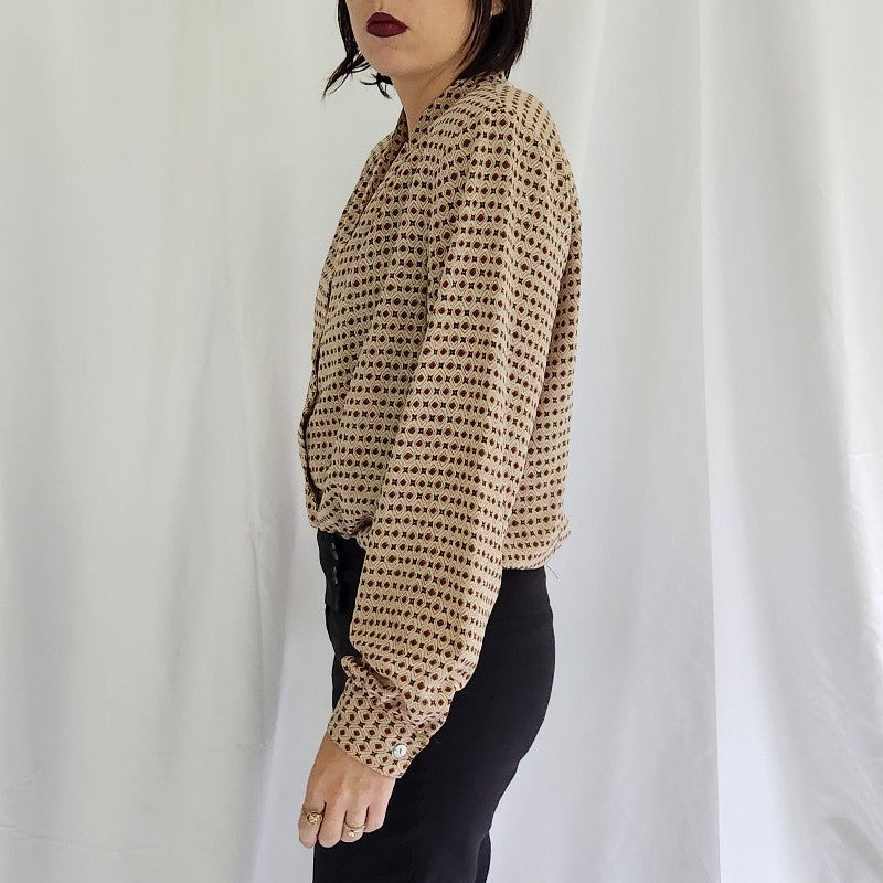 90s Tan and Red Geometric Print Blouse