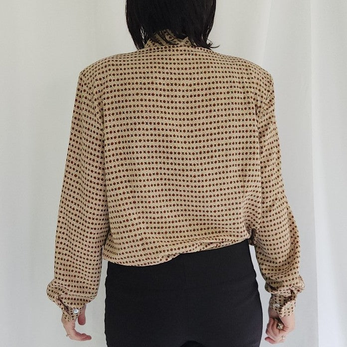 90s Tan and Red Geometric Print Blouse