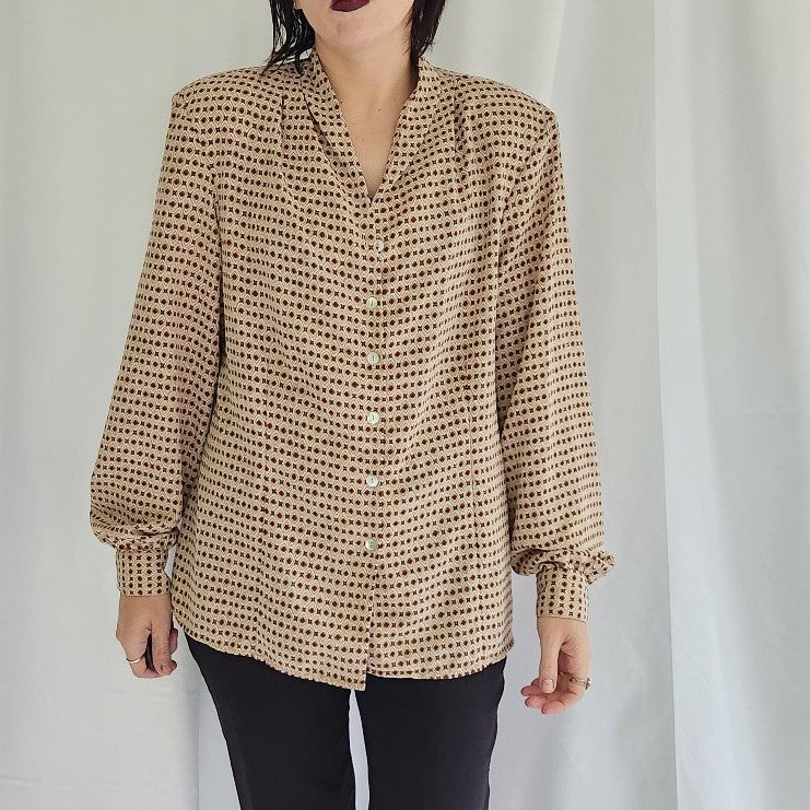 90s Tan and Red Geometric Print Blouse