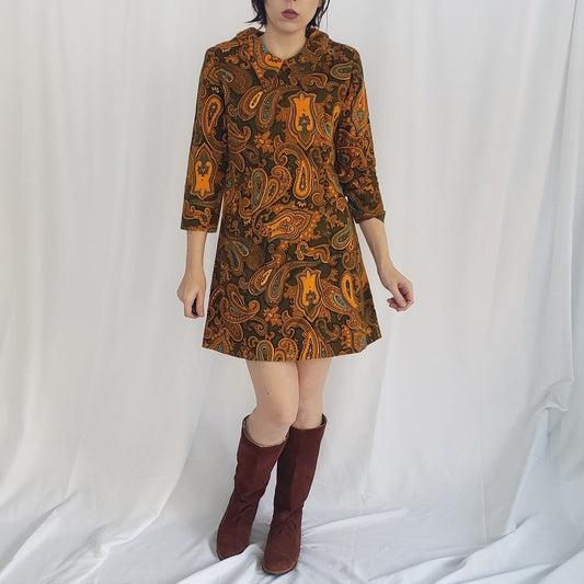 60s Handmade Dagger Collar Mod Paisley Mini Dress