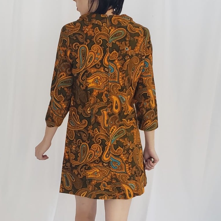 60s Handmade Dagger Collar Mod Paisley Mini Dress