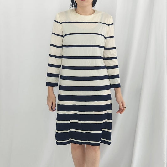 60s Cream and Navy Striped Long Sleeve Dress