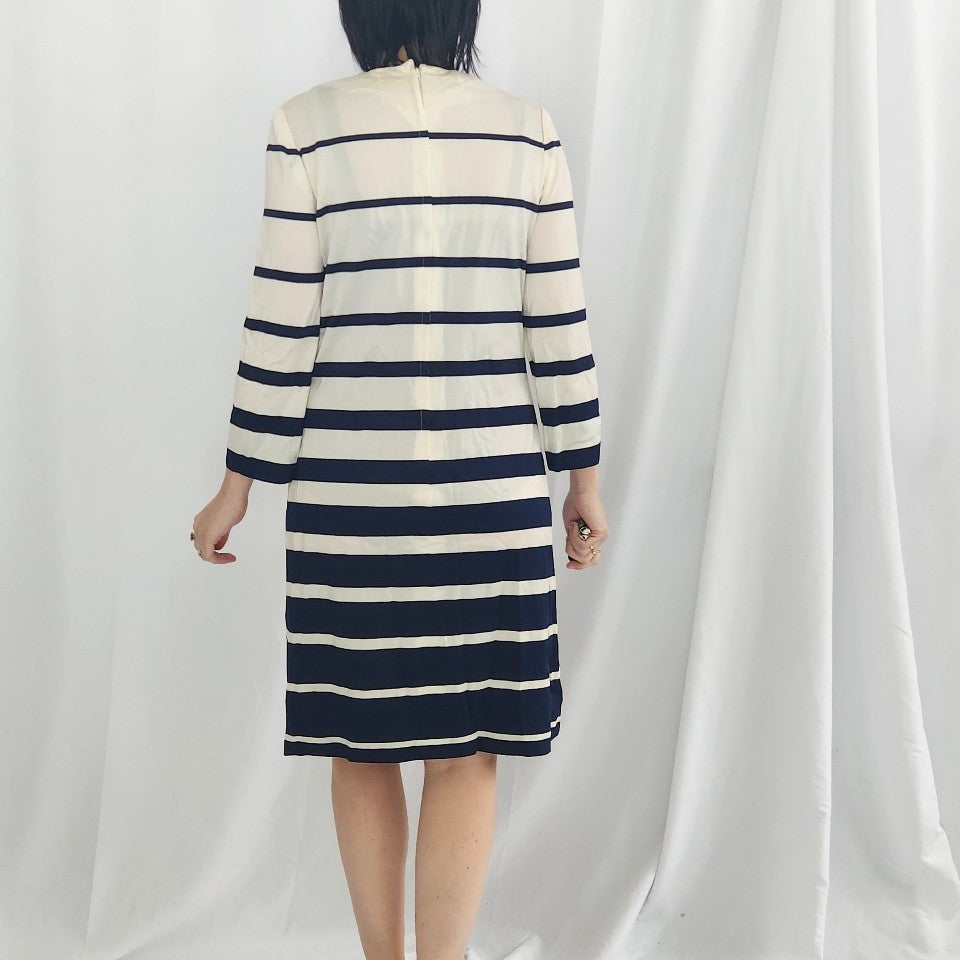 60s Cream and Navy Striped Long Sleeve Dress