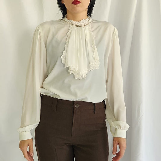 80s/90s Cream Blouse with Frilly Neckline