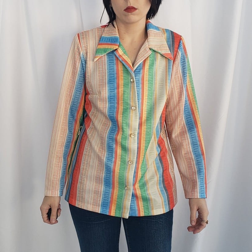 70s Coral and Blue Striped Dagger Collar Button Down