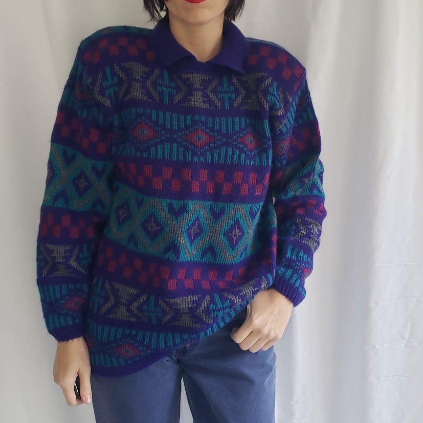 80s Purple, Green, and Pink Collared Sweater