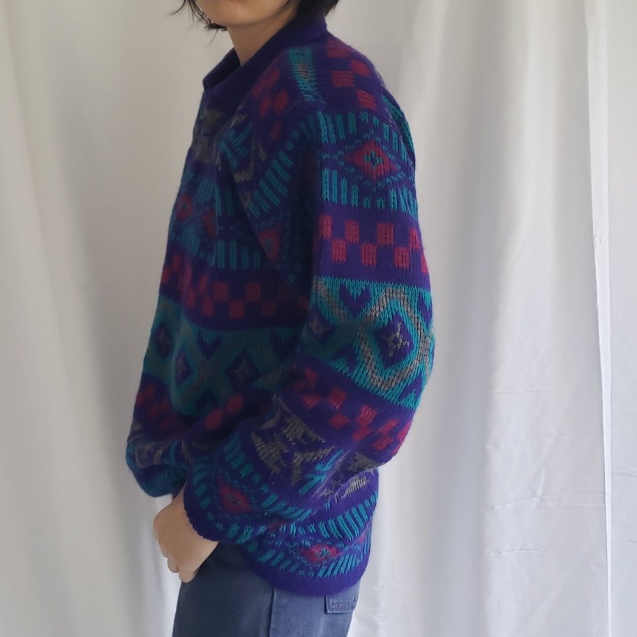 80s Purple, Green, and Pink Collared Sweater