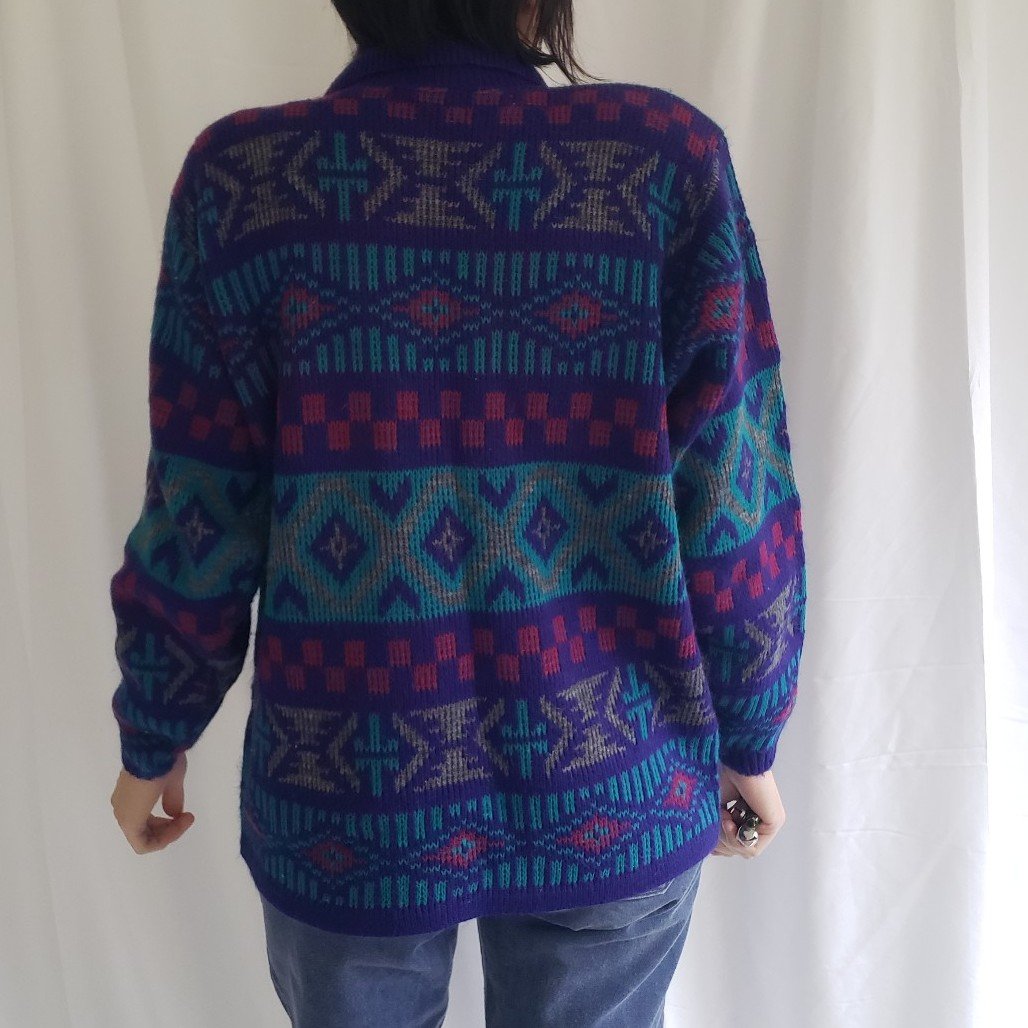 80s Purple, Green, and Pink Collared Sweater