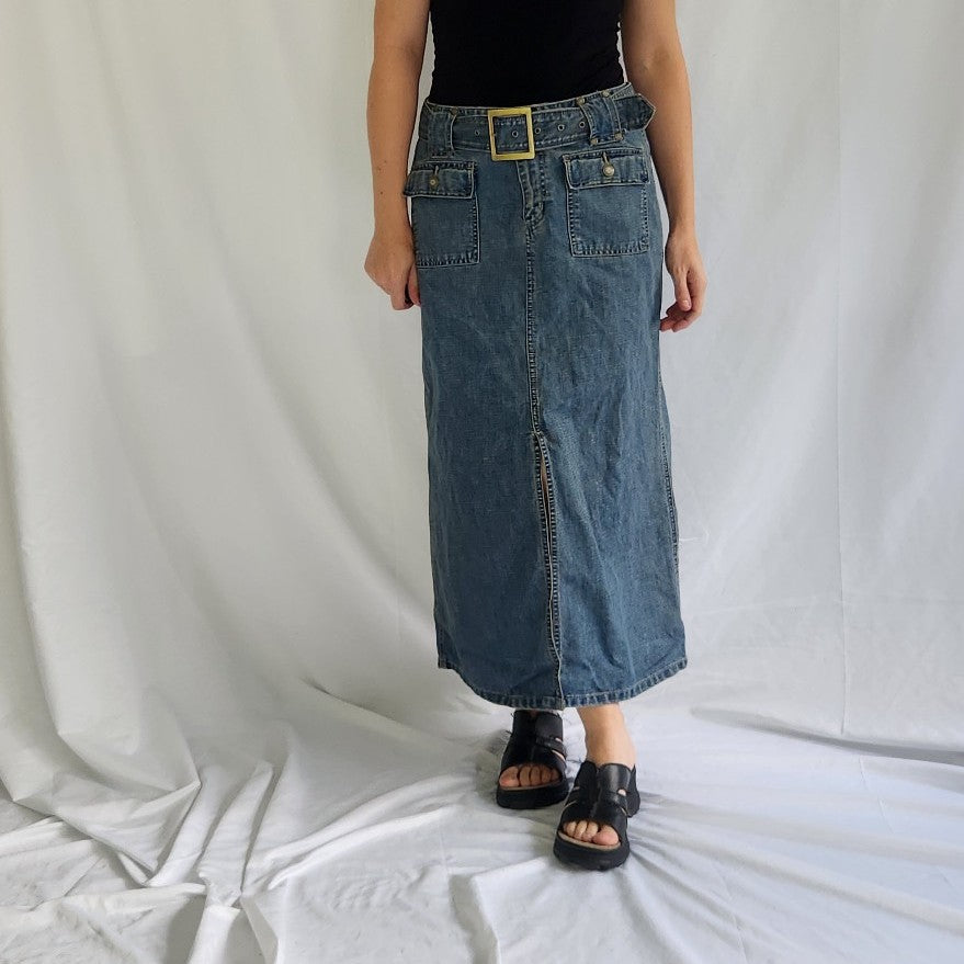 Y2K Denim Maxi Skirt With Belt