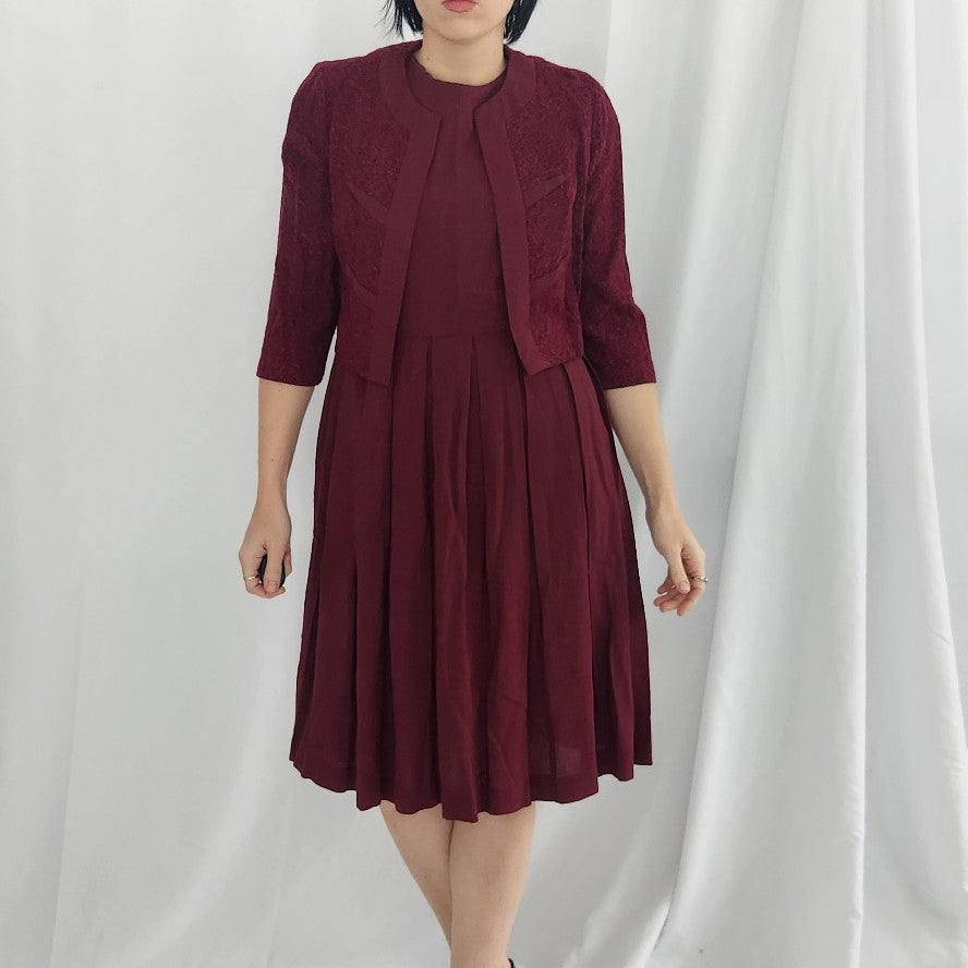 60s Cranberry Red Pleated Day Dress with Jacket