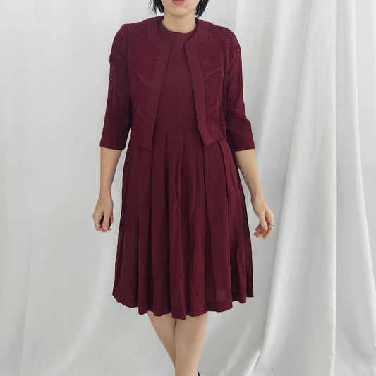 60s Cranberry Red Pleated Day Dress with Jacket