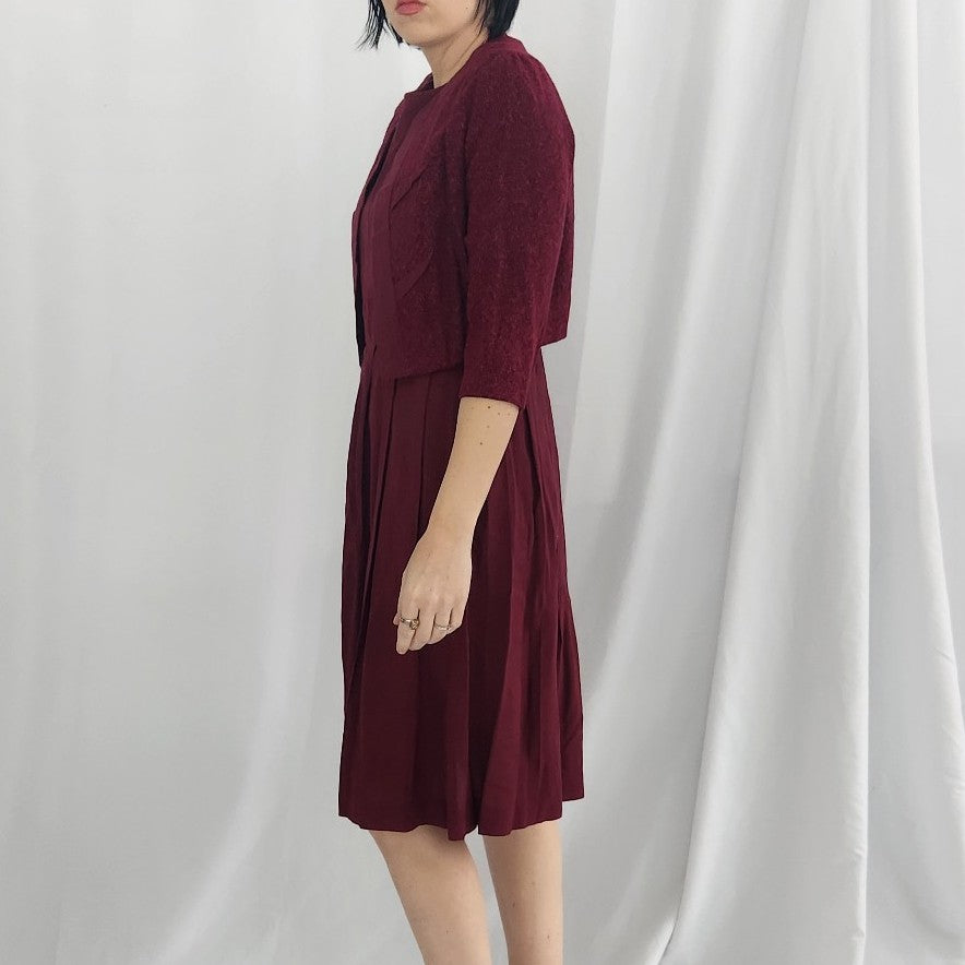 60s Cranberry Red Pleated Day Dress with Jacket