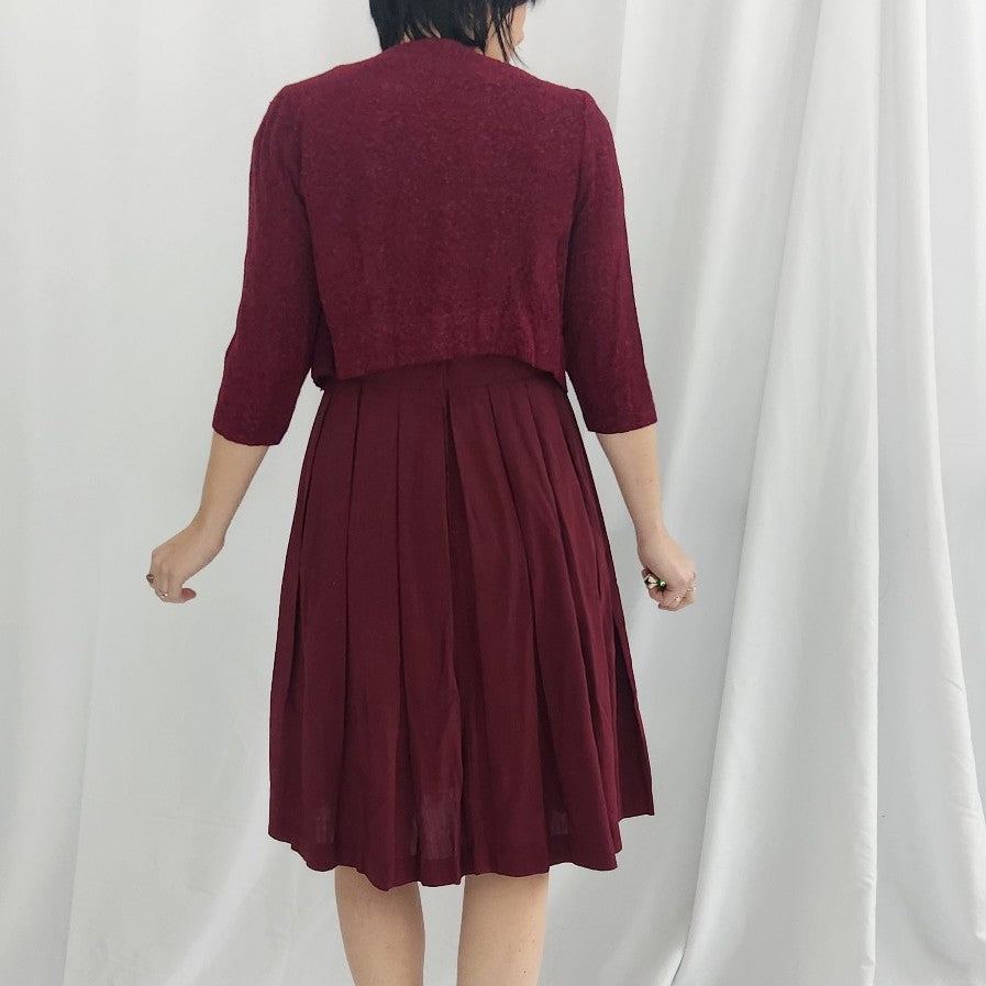 60s Cranberry Red Pleated Day Dress with Jacket