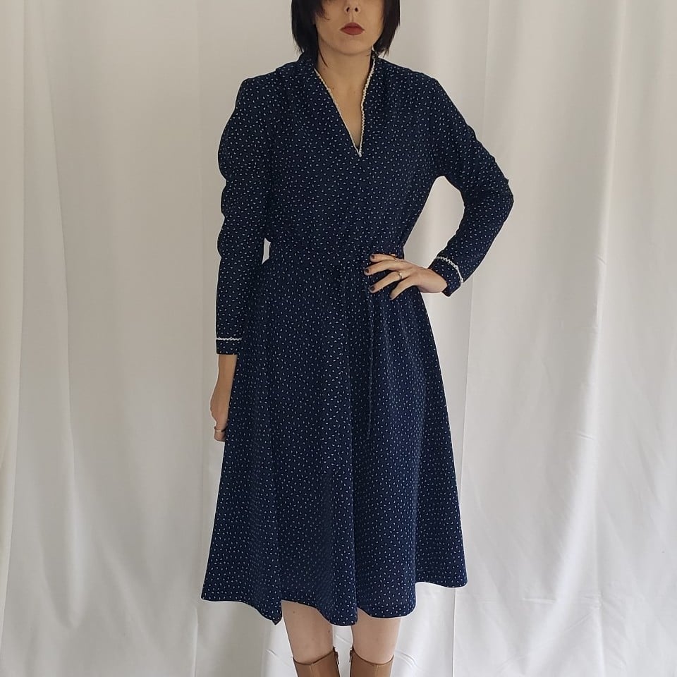 70s Hand Made Blue and White Day Dress