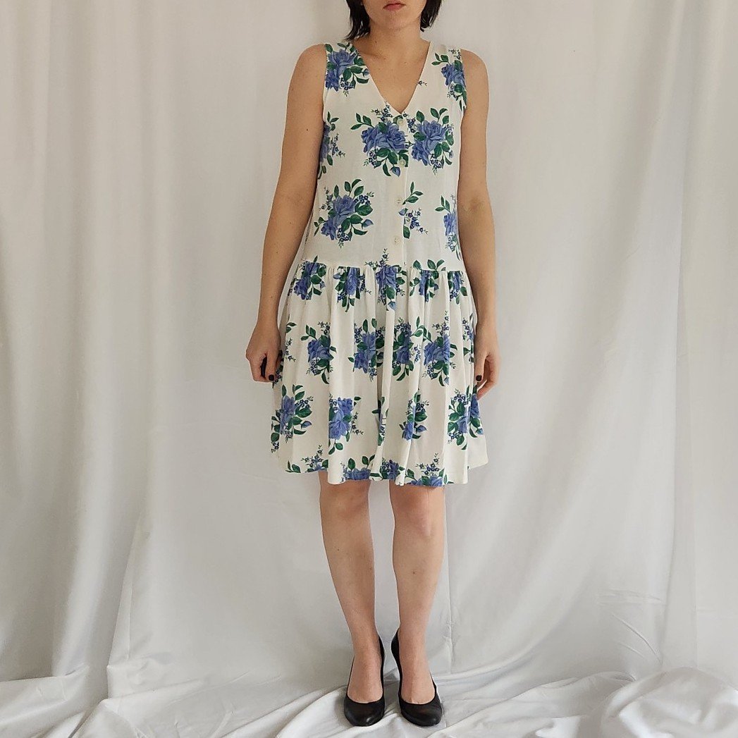 90s White and Blue Rose Print Sundress