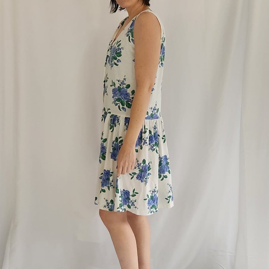 90s White and Blue Rose Print Sundress