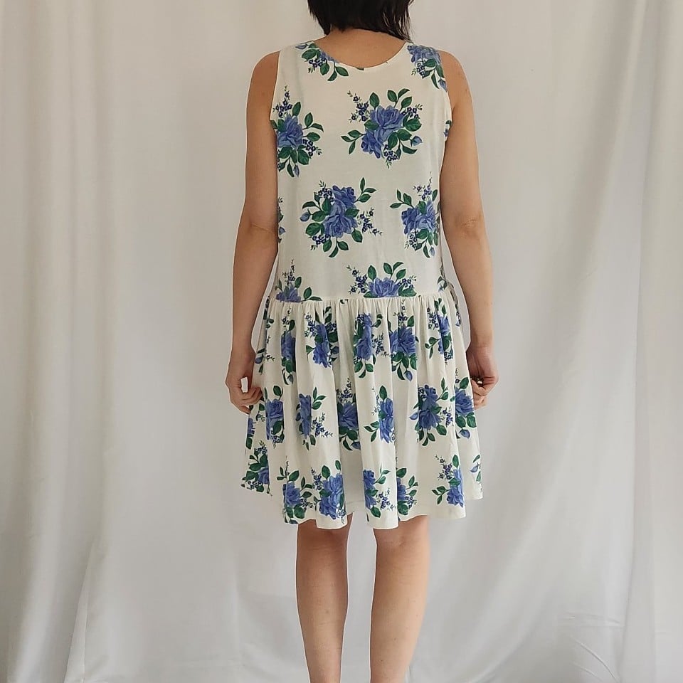 90s White and Blue Rose Print Sundress