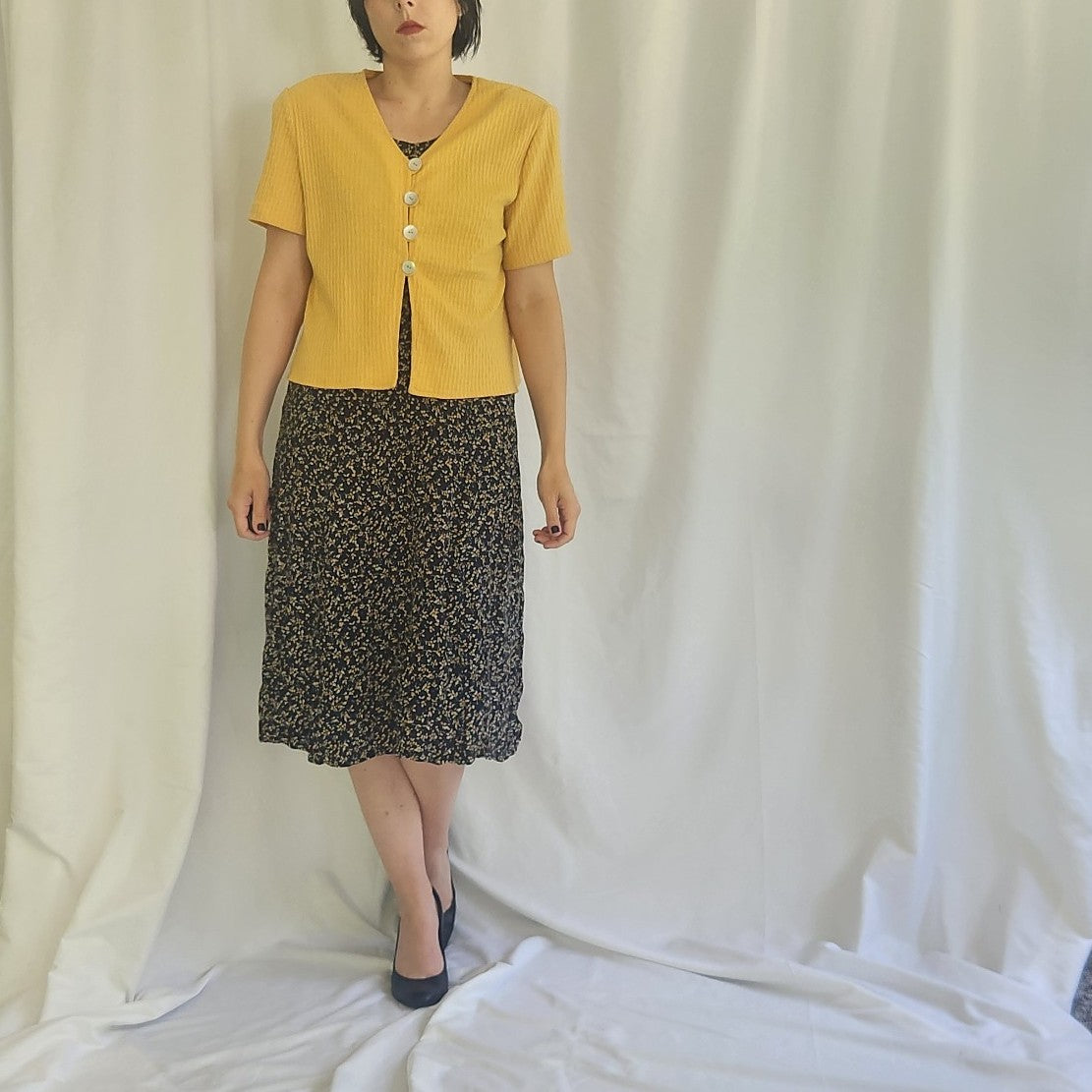 90s/00s Blue and Yellow Floral Dress and Top Set