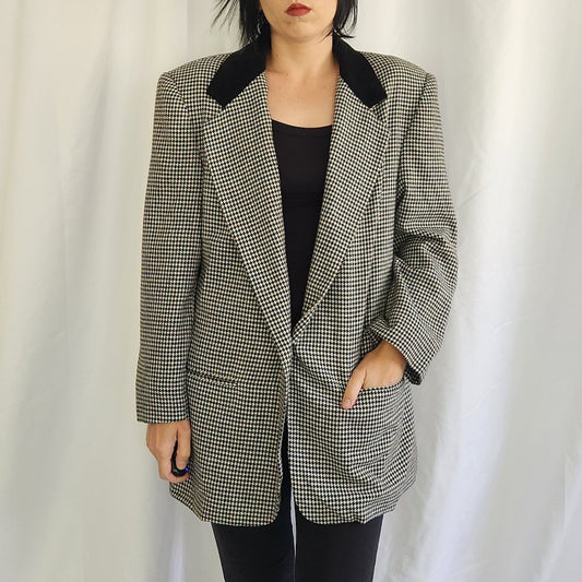 90s Black and White Houndstooth Wool Blend Blazer