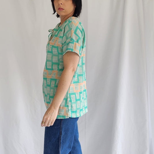70s Green and Peach Home Made Blouse