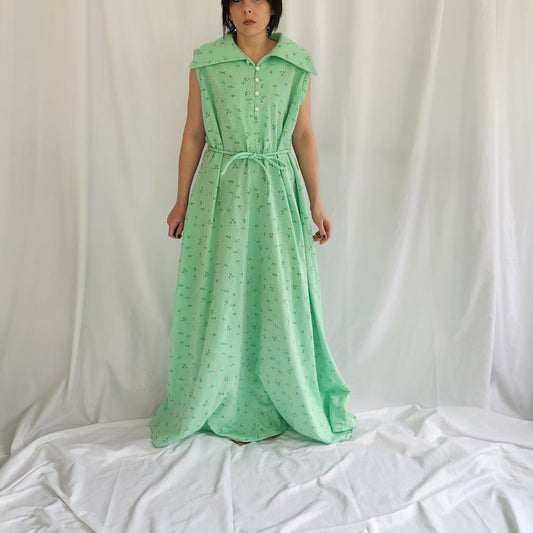 70s Home Made Green Floral Sleeveless Maxi Dress