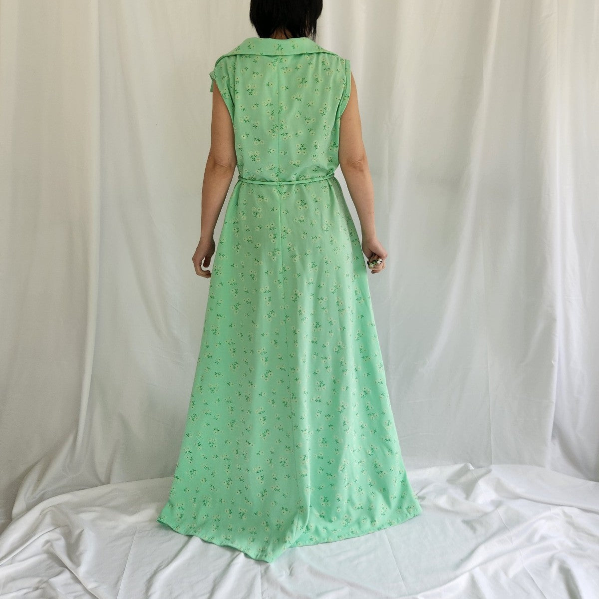 70s Home Made Green Floral Sleeveless Maxi Dress
