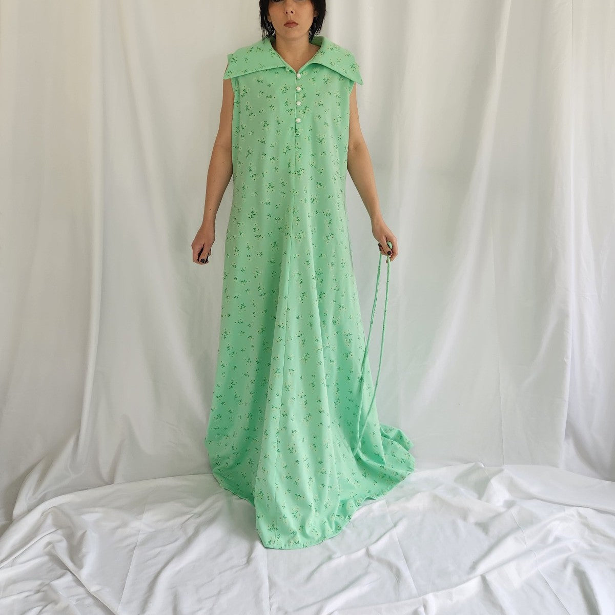 70s Home Made Green Floral Sleeveless Maxi Dress