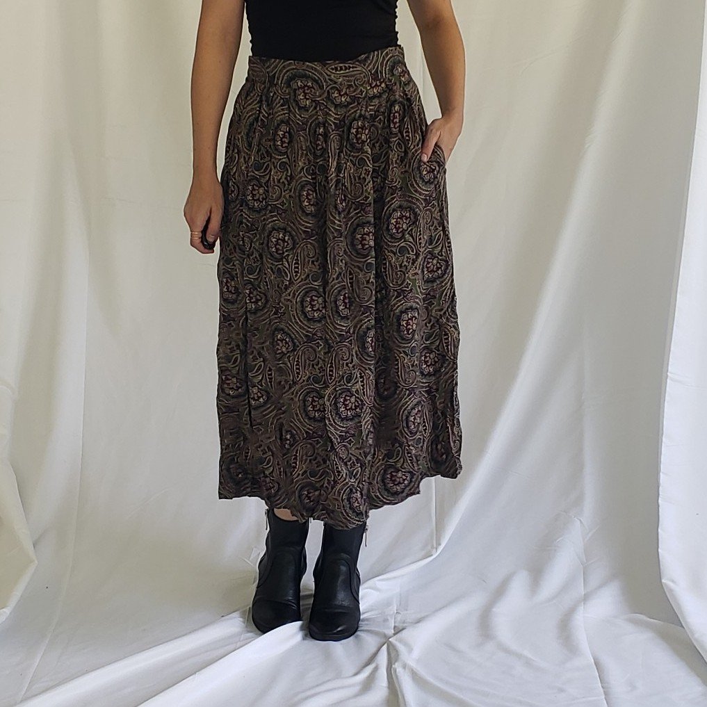 90s Green and Purple Paisley Rayon Midi Skirt