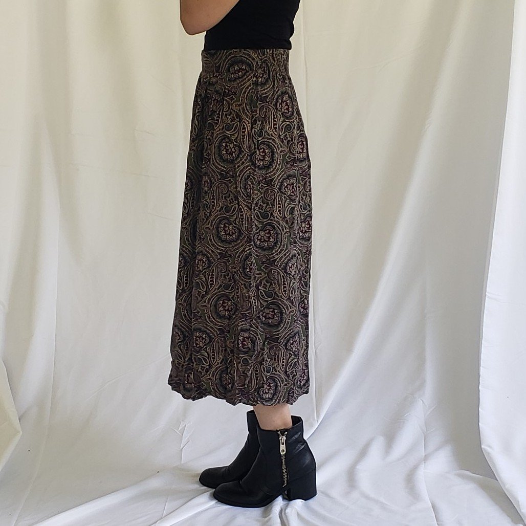 90s Green and Purple Paisley Rayon Midi Skirt