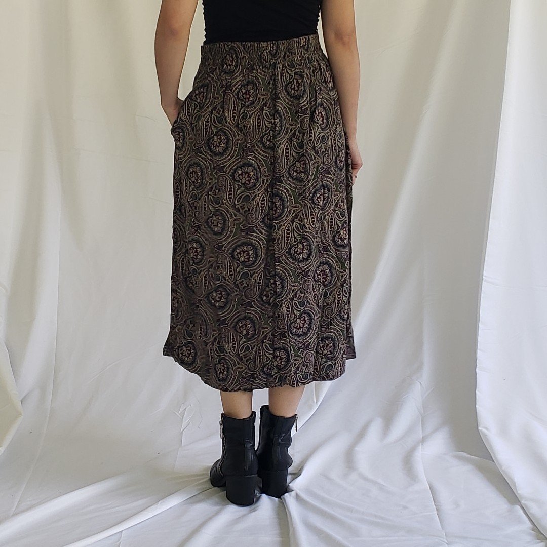 90s Green and Purple Paisley Rayon Midi Skirt