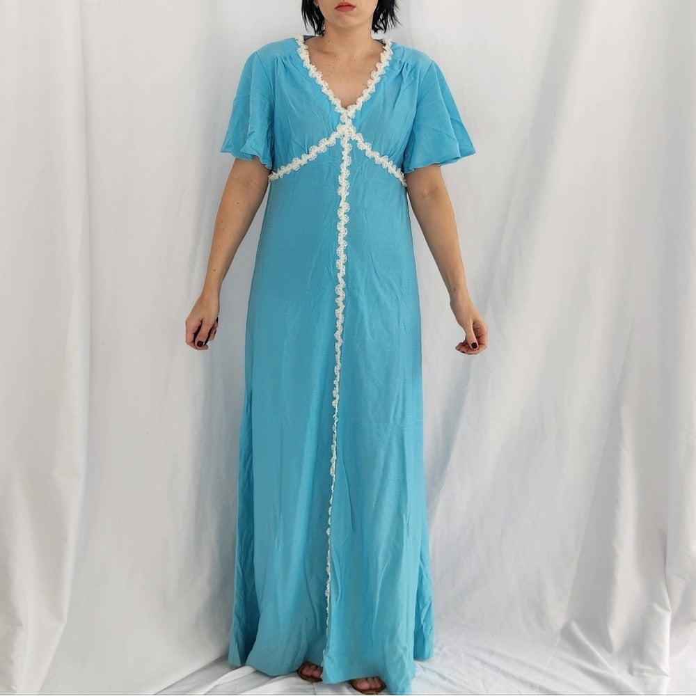 70s Hand Made Blue Maxi Dress