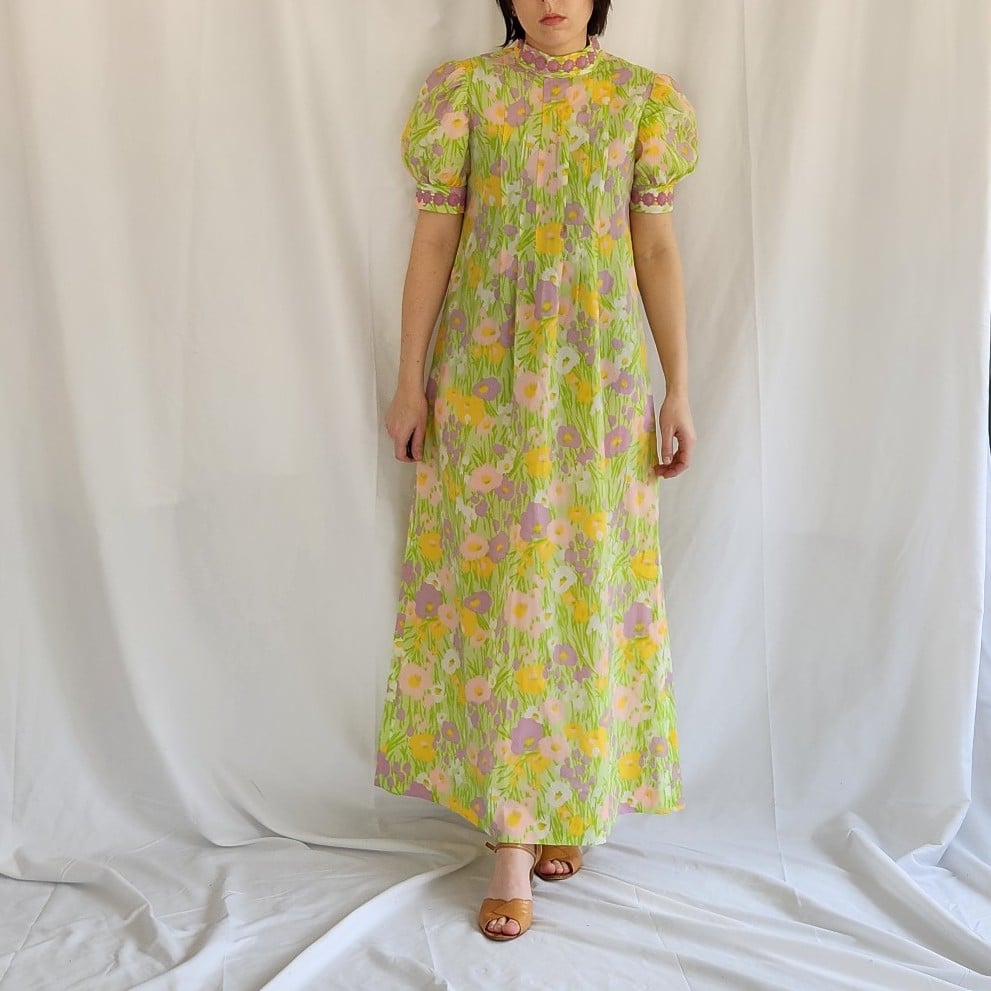 60s/70s Hand Made Floral High Neck Maxi Dress
