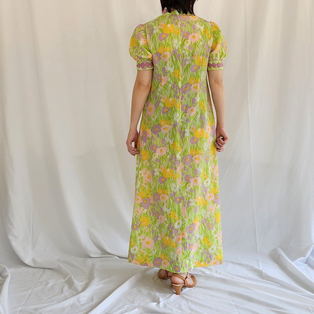60s/70s Hand Made Floral High Neck Maxi Dress