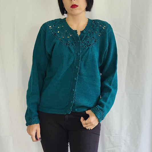 80s Teal Cardigan with Crochet Collar