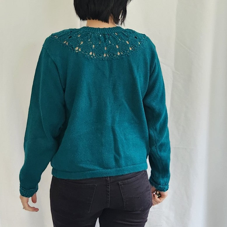 80s Teal Cardigan with Crochet Collar